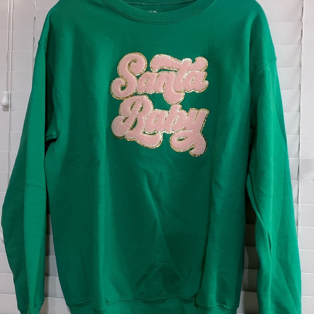 Green Sweatshirt with Pink 'Santa Baby' Design